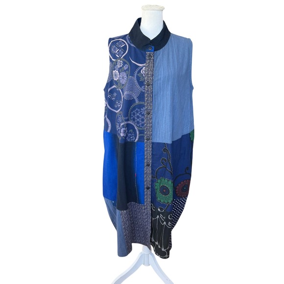Yaza Dresses & Skirts - Yaza Eliana Dress Blue Patchwork Cotton Sleeveless Button Front Midi Womens L/XL